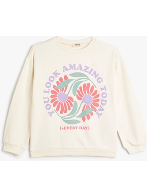 Koton Sweatshirt Uzun Kollu Bisiklet Yaka Çiçek Temalı Baskı Detaylı Pamuklu