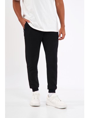 Comeor Erkek Siyah Slim Fit Jogger Cep Nakış Fermuar Detaylı Eşofman Altı