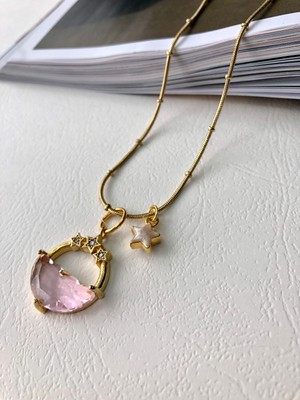 Atelier Deep Pembe Taşlı Yıldız Sedef Yıldız Dorika Zincir Gold Çelik Tasarım Kolye DRN05031