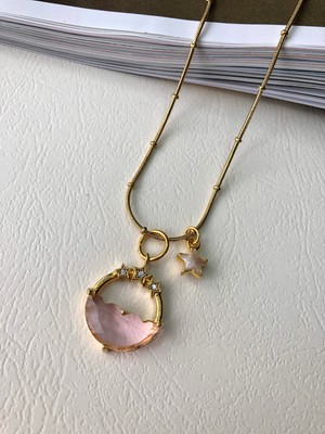 Atelier Deep Pembe Taşlı Yıldız Sedef Yıldız Dorika Zincir Gold Çelik Tasarım Kolye DRN05031