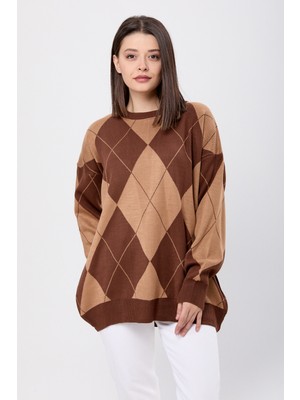 Tofisa 23924-KAHVE Baklava Desen Ekose Oversize Kazak