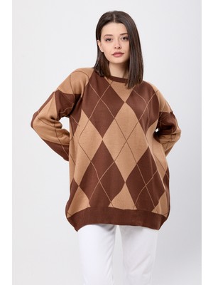 Tofisa 23924-KAHVE Baklava Desen Ekose Oversize Kazak