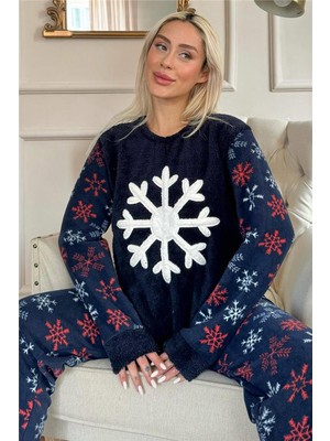 Pijama Evi Lacivert Snefnug Desenli Kadın Peluş Pijama Takımı