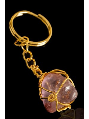 Sertifikalı Tel Sargılı Ametist Taşı Anahtarlık - Altın Kaplama