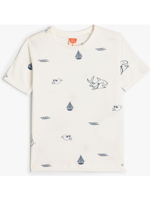 Koton Tişört Kısa Kollu Marin Baskılı Pamuklu