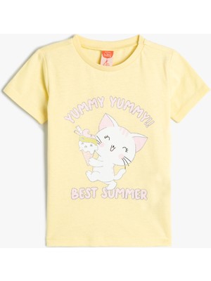 Koton Tişört Kısa Kollu Kedi Baskılı Pamuklu