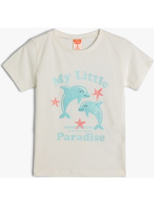 Koton Kız Çocuk Pamuklu Kısa Kollu Tişört Mavi Yunus Desenli Günlük Kullanım İçin