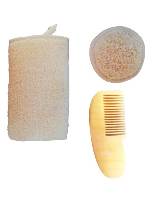 Doğal Pamuk Bebek Banyo Lifi, Doğal Pamuklu Bebek Yüz Lifi, Bebek Limon Ağacı Ahşap Tarak Set