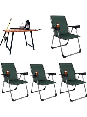 Alin Metal 4''lü 140 Kğ Taşıma Kapasiteli Lüks Kamp Sandalyesi  ve Ahşap Masa Set