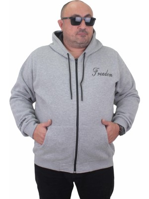 Starbattal Fermuarlı Kapuşonlu Büyük Beden Sweat Freadom 23219 Grı Melanj