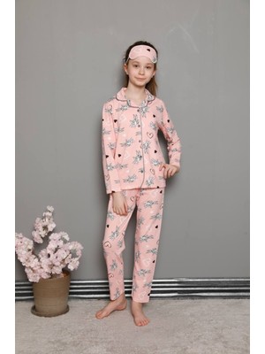 Lolli Boom Kids Kız Çocuk Uzun Kulak Tavşan Bunny Desen Pembe Renk Düğmeli Pijama Takımı