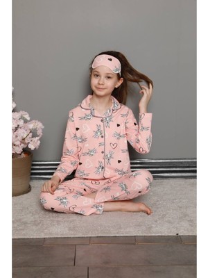 Lolli Boom Kids Kız Çocuk Uzun Kulak Tavşan Bunny Desen Pembe Renk Düğmeli Pijama Takımı