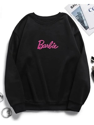 Lobabo Giyim Siyah Barbie Baskılı Bisiklet Yaka Oversize Sweatshirt