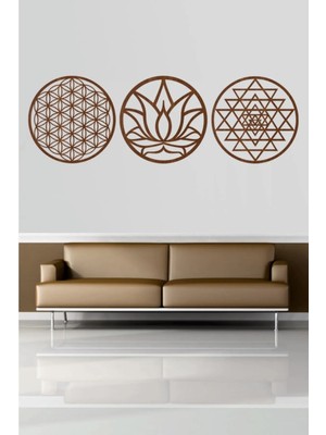 Artes Yaşam Çiçeği Lotus Çiçeği ve Sri Yantra 3'lü Set Kahverengi Duvar Tablosu