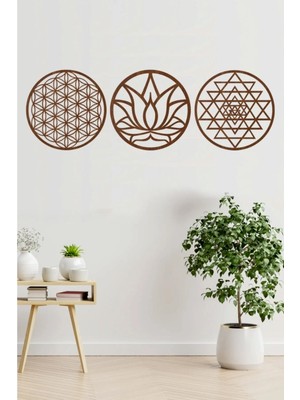 Artes Yaşam Çiçeği Lotus Çiçeği ve Sri Yantra 3'lü Set Kahverengi Duvar Tablosu