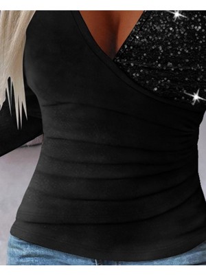 Passense Kadın Uzun Kollu Kruvaze Yaka Pul Payet Detay Sandy Bluz