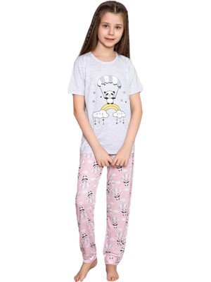 Lolliboom Kids Lolli Boom Kids Kız Çocuk Kısa Kol Gri Melanj Pudra Renk Paraşüt Panda Baskı Desen Pijama Takımı