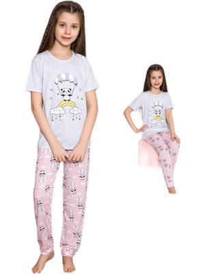 Lolliboom Kids Lolli Boom Kids Kız Çocuk Kısa Kol Gri Melanj Pudra Renk Paraşüt Panda Baskı Desen Pijama Takımı