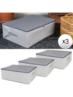 Nacarev 3 Adet Büyük Boy Çizgi Desen Baskılı Antrasit Baza Altı Düzenleyici Hurç Seti 60X40X20 cm
