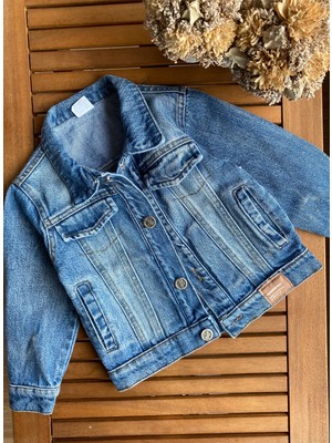 Babyaden Çift Cepli Mavi Denim Kot Unisex Çocuk Ceket