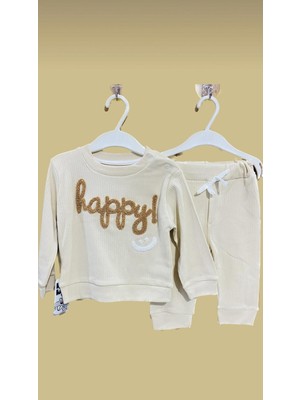 Uras Desing HAPPY NAKIŞLI UNİSEX BEBEK  ALT ÜST TAKIM FİTİLLİ  PAMUK