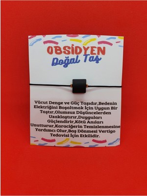 Doğal Taş Dünyası Obsidyen Taşı Bileklik Ayarlamalı Kare Ipli