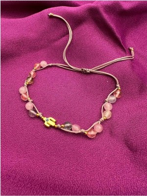 Doğal Taş Dünyası Pembe Kuvars Doğal Taş Tasarım Bileklik El Yapımı Asansörlü Kilit Sistemi