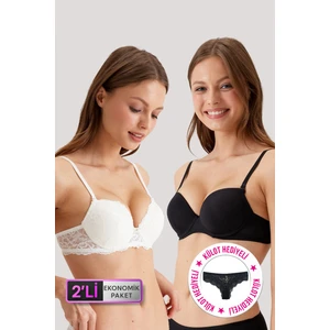 2'li Ekonomik Paket 6351-3 Siyah Ekru Madrid Desteksiz Dantelli ve Micro Sütyen Set (Slip Hediyeli)