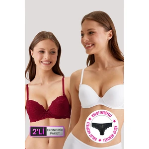 2'li Ekonomik Paket 6351-3 Beyaz Bordo Madrid Desteksiz Dantelli ve Micro Sütyen Set (Slip Hediyeli)