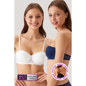 2'li Ekonomik Paket Ekru Lacivert 6202-2 Siena Balenli Desteksiz Straplez Dantelli Sütyen Set