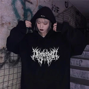 Touz Moda Gothic Graphic Baskılı Siyah Oversize Kapüşonlu Sweatshirt