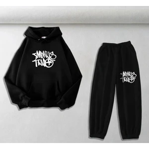 Touz Moda Minus Two Baskılı Siyah Oversize Kapüşonlu Sweatshirt & Eşofman Altı Ikili Takım