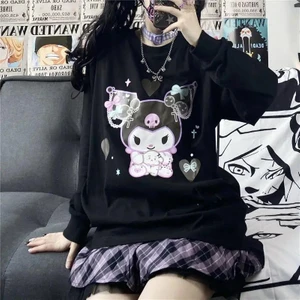 Touz Moda Harajuku Kuromi Baskılı Siyah Oversize Bisiklet Yaka Sweatshirt