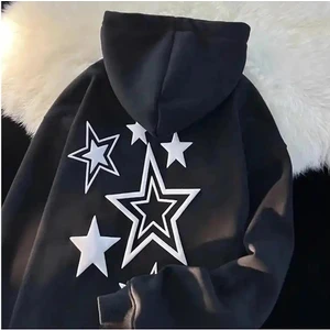 Touz Moda Y2K Harajuku Yıldızlar Blackoversize Kapüşonlu Tech Aesthetic Sweatshirt
