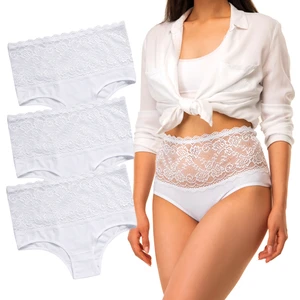 Pamuklu Kadın Külot Yüksek Bel Dantelli 3'lü Set Paket Slip Likralı Büyük Beden Beyaz