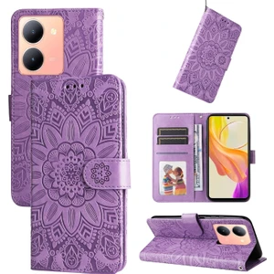 Yihang Boutique Vıvo Y36 ile Uyumlu Sunflower Kabartmalı Pu Deri Cüzdan Kılıf Kart Yuvaları ve Kickstand ile Çevirmeli Koruyucu Telefon Kapağı (Yurt Dışından)