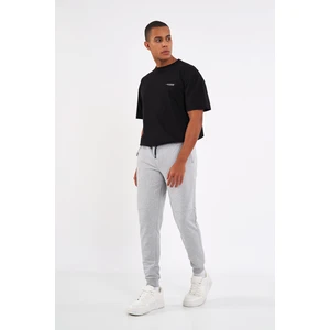 Erkek Gri Slim Fit Jogger Cep Nakış Fermuar Detaylı Eşofman Altı