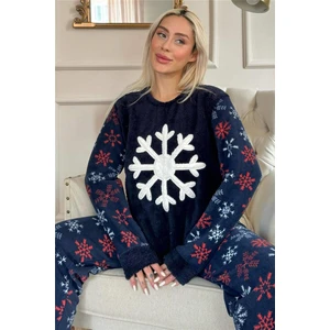 Pijama Evi Lacivert Snefnug Desenli Kadın Peluş Pijama Takımı