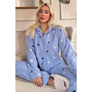 Pijama Evi Mavi Çam Desenli Önden Düğmeli Peluş Polar Pijama Takımı