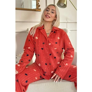 Pijama Evi Kiremit Çam Desenli Önden Düğmeli Peluş Polar Pijama Takımı 