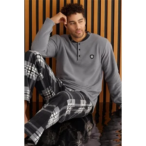Pijama Evi Gri Beyaz Ekose Desenli polar erkek pijama takımı