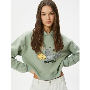 Kedili Crop Kapşonlu Sweatshirt Uzun Kollu Rahat Kalıp