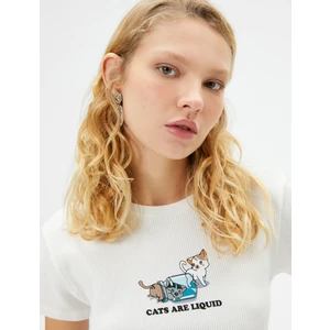 Kedi Baskılı Crop Tişört Kısa Kollu Slim Fit Ribanalı Pamuklu