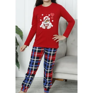 Kız Çocuk Uzun Kollu Pijama Takımı Pamuklu Likralı Kırmızı