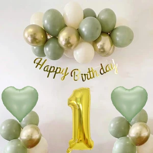 Patladı Gitti Adaçayı Konsept Doğum Günü Seti ; Küf Yeşili-Krom Gold- Deniz Kumu ve Adaçayı Kalp Folyo Balon Set