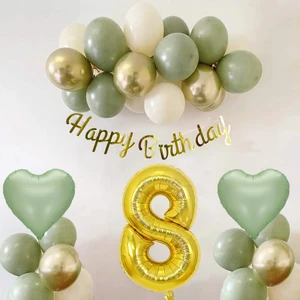 Patladı Gitti Adaçayı Konsept Doğum Günü Seti ; Küf Yeşili-Krom Gold- Deniz Kumu ve Adaçayı Kalp Folyo Balon Set