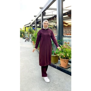 Uzun Tunik Kapşonlu Kenardan Yırtmaçlı Ikili Spor Takım - 3034 - Mürdüm