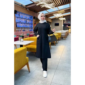 Önden Iki Cepli Sade Basic Uzun Tunik Pantolon Ikili Spor Takımı - 03067 - Siyah