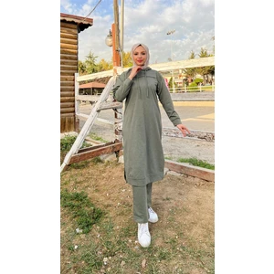 Uzun Tunik Kapşonlu Kenardan Yırtmaçlı Ikili Spor Takım - 3034 - Haki