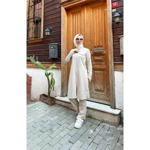 Fermuarlı Uzun Tunik Pantolon Spor Ikili Takım - 03058 - Ekru